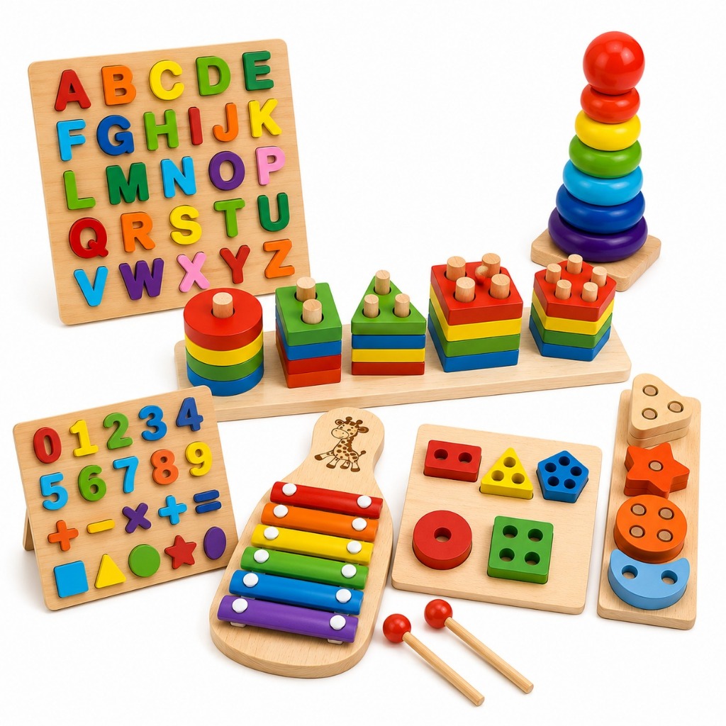 Kit de Brinquedo Educativo Montessori de Madeira &