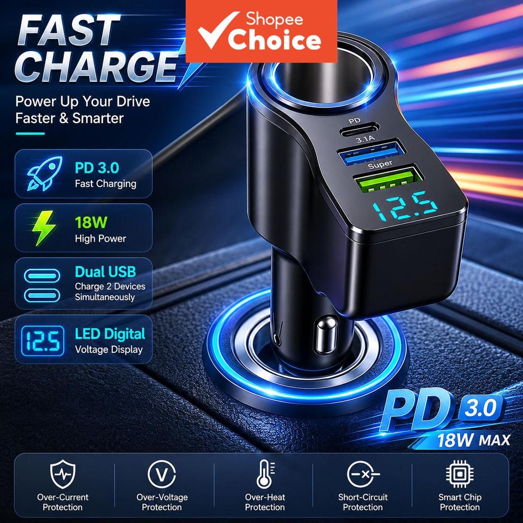 Carregador Rápido USB Pd Para Carro Com Display D