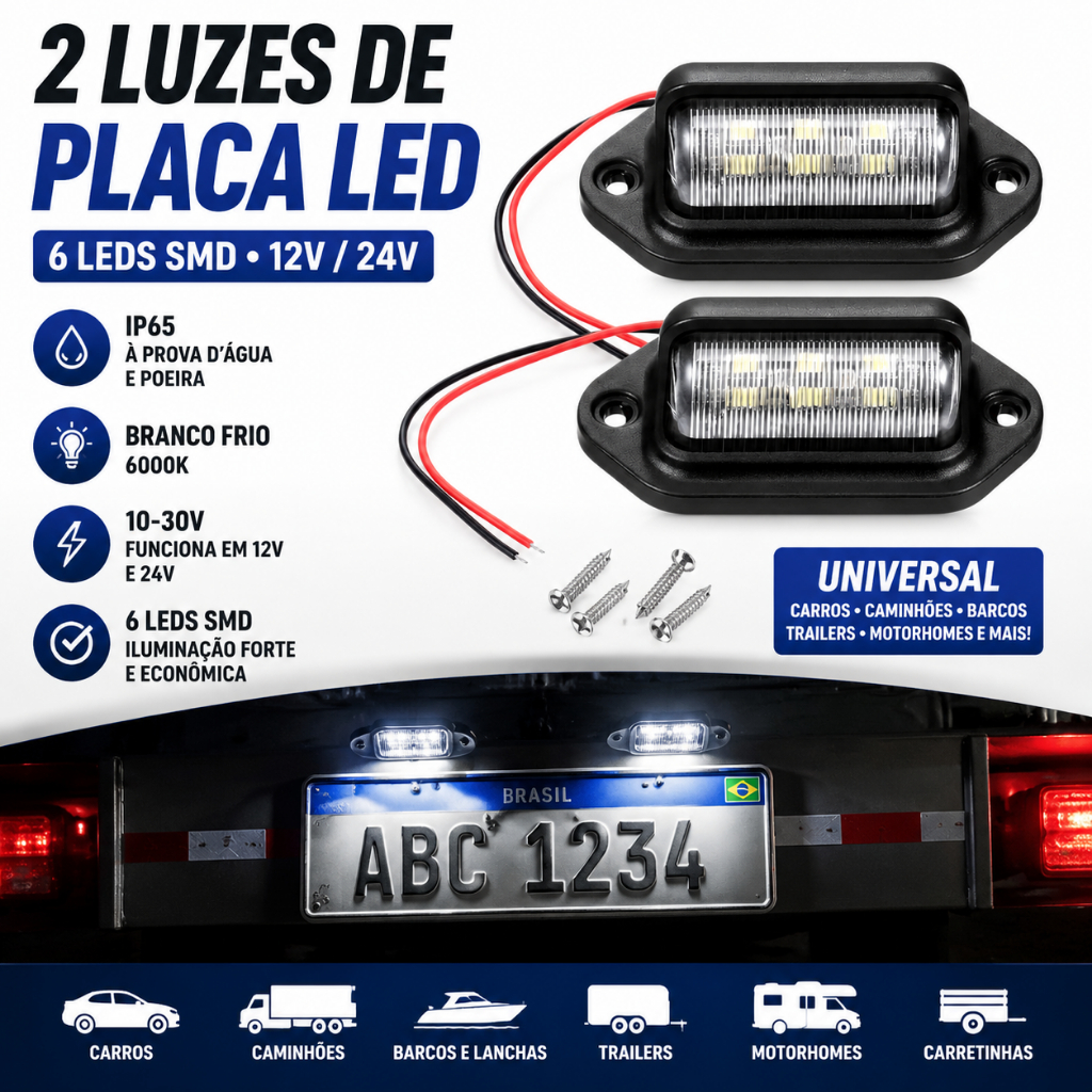 2 Luz De Placa Carro 6 Leds Caminhão Carretinha 1