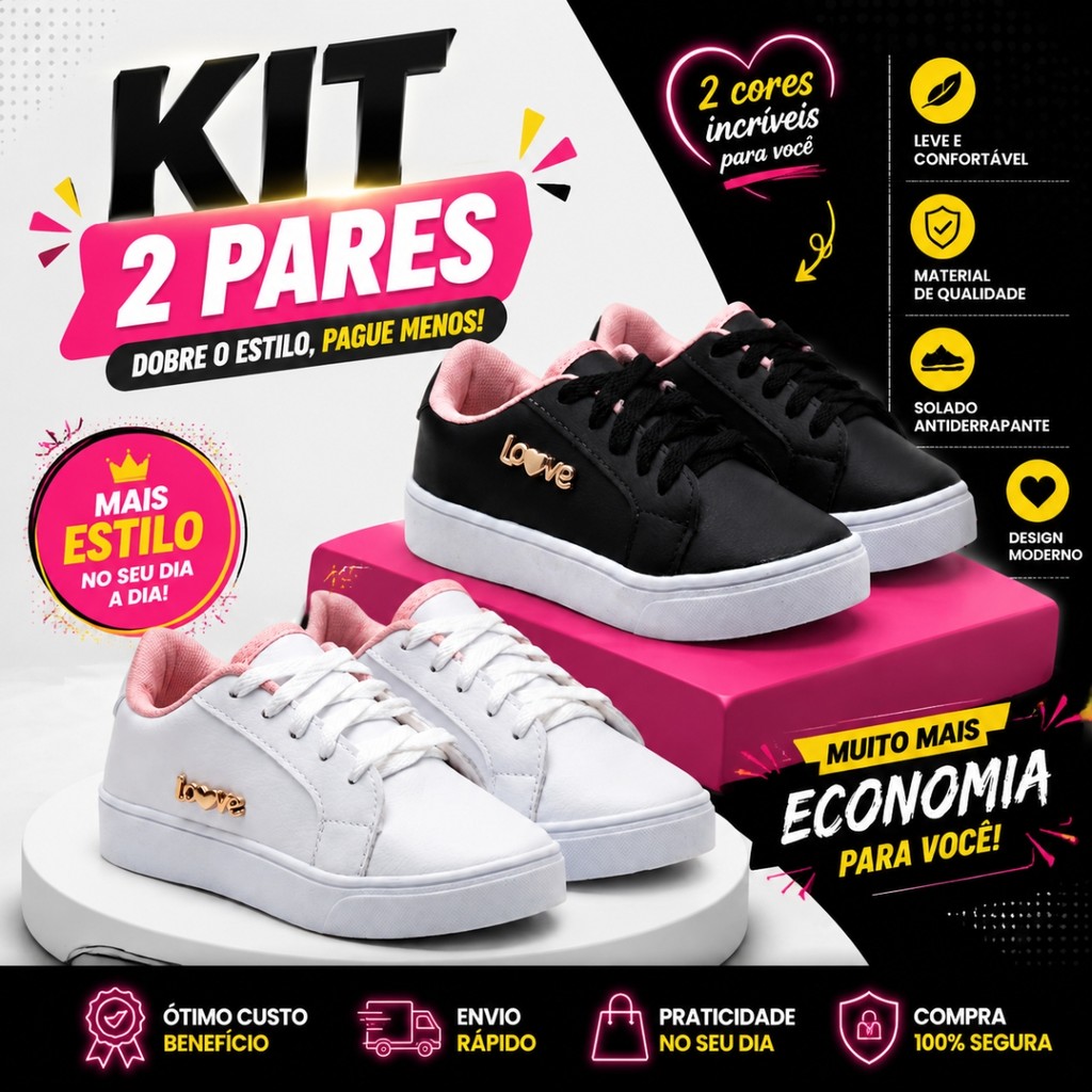 Kit 2 Pares Sapato Infantil Menina Com Cadarço So