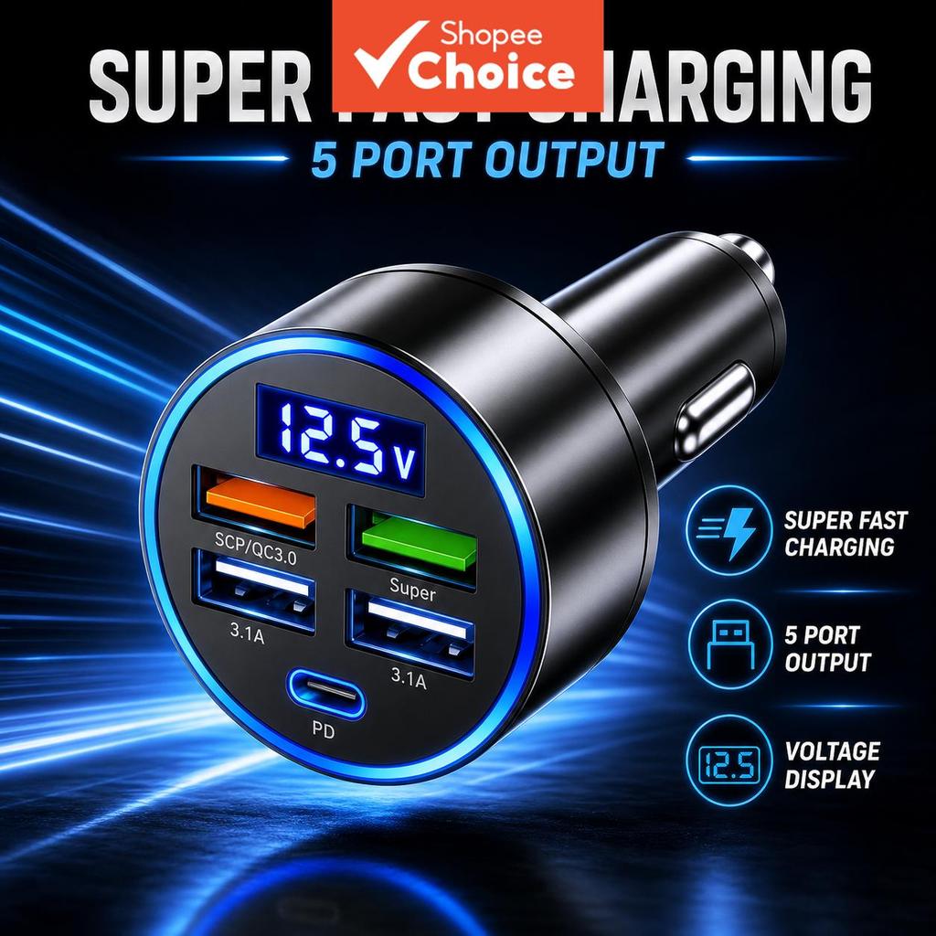 C5-4Usb  Qc3.0 Pd Type C Car Charger Com Digital V