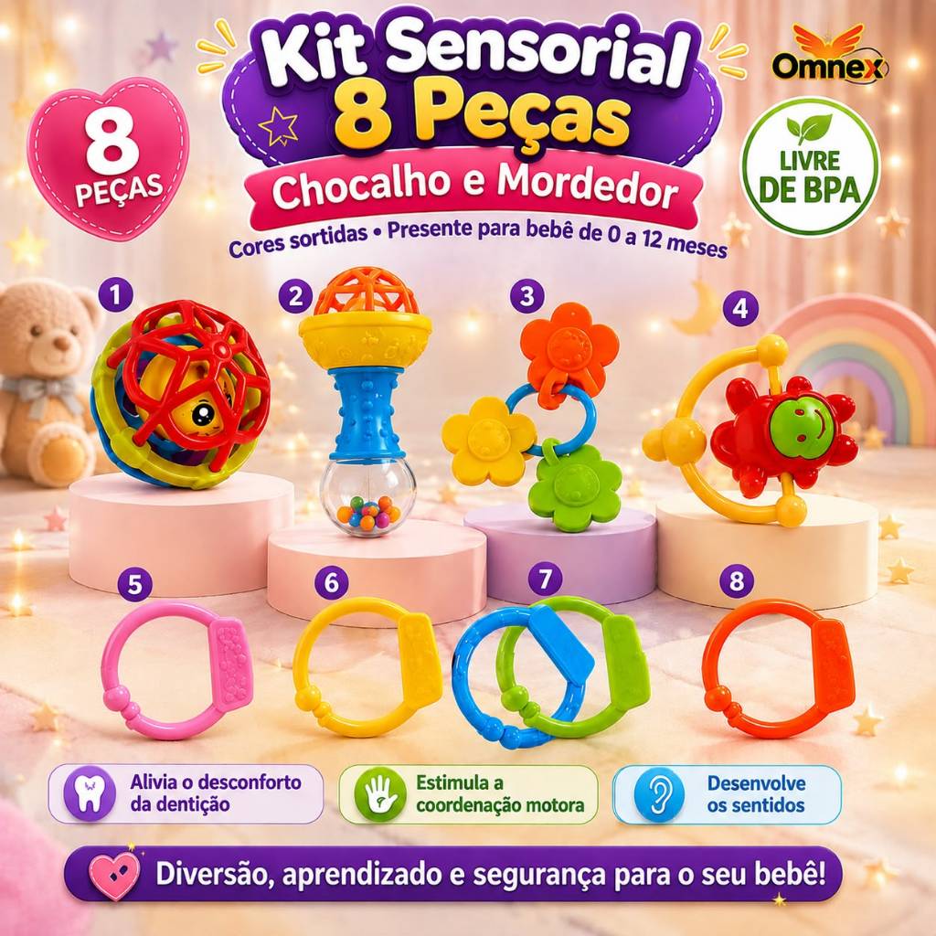 Kit Brinquedo Bebe Chocalho Mordedor Silicone Maci