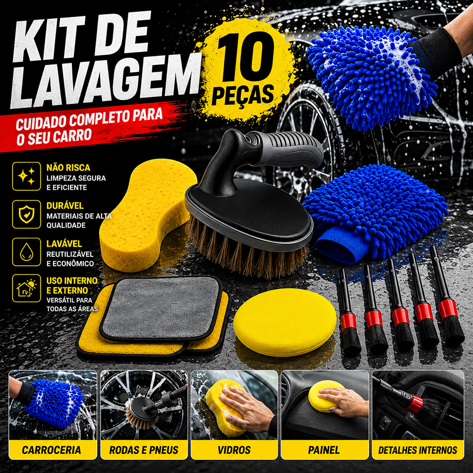 Kit 10 Peças Lavagem Automotiva Esponja + Escova 