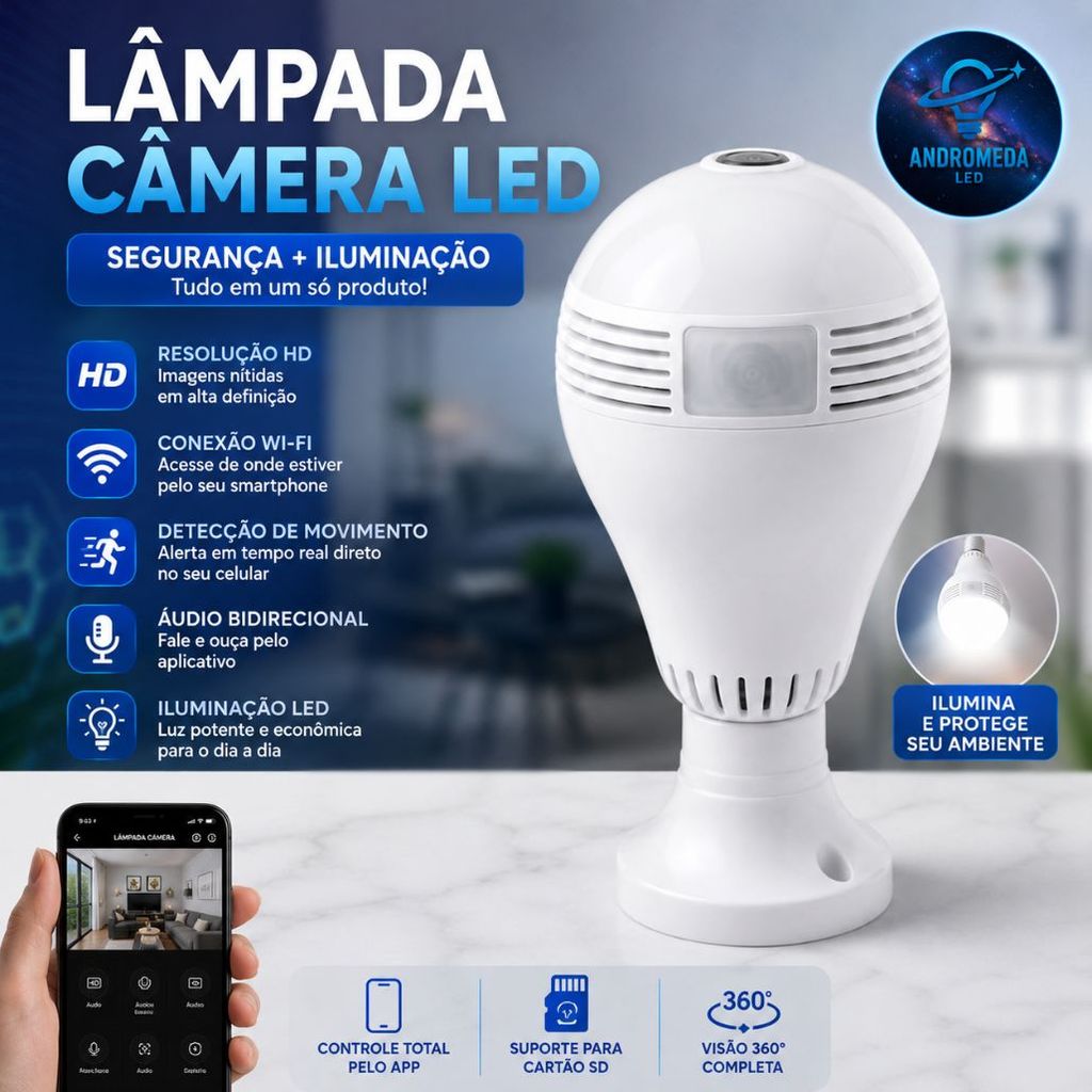 Câmera Lâmpada WiFi 360° Visão Panorâmica Ace