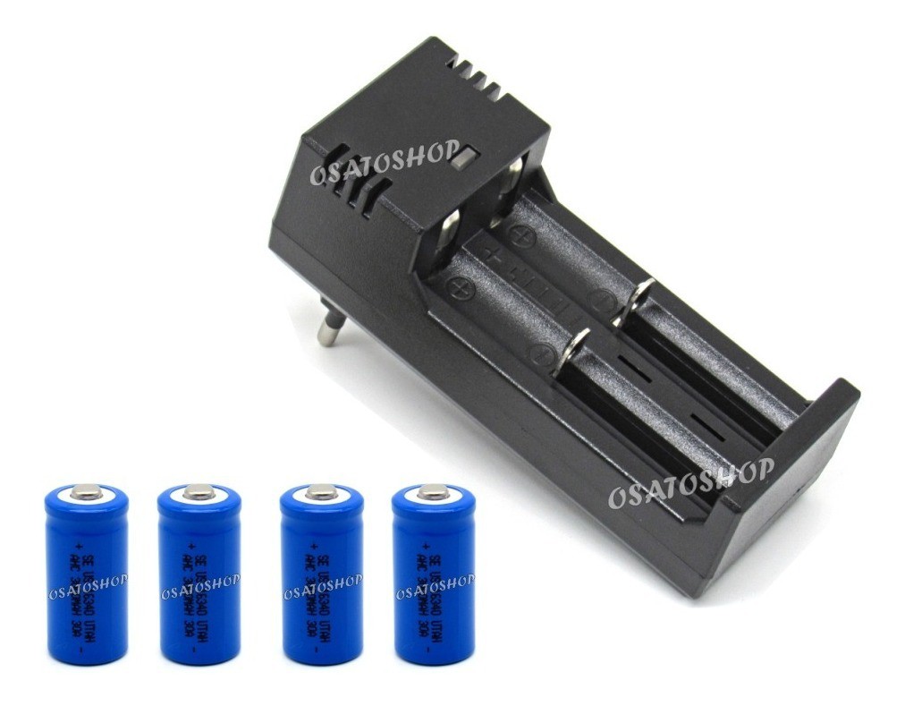 Carregador Duplo + 4 Baterias Gold 16340 Cr123a Re