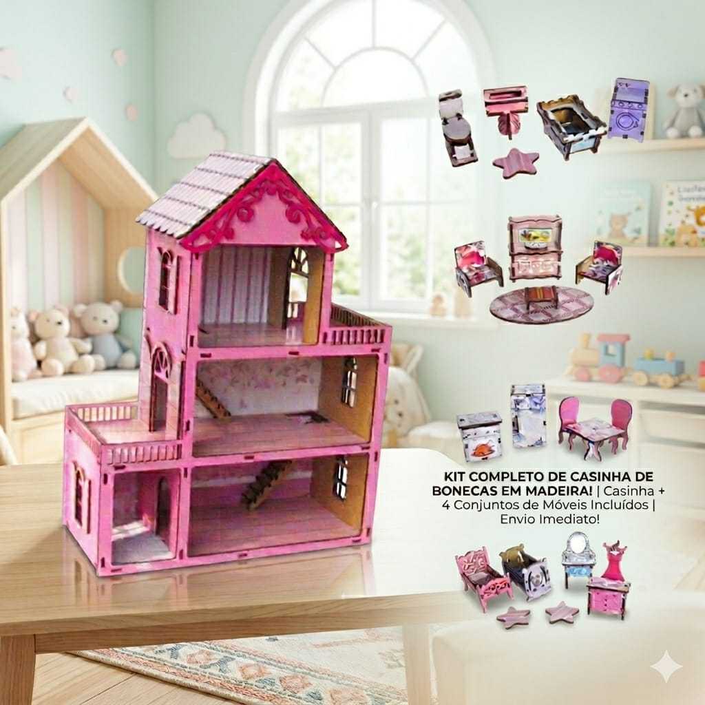 Casinha de Boneca em MDF Colorida Rosa com Kit 20 