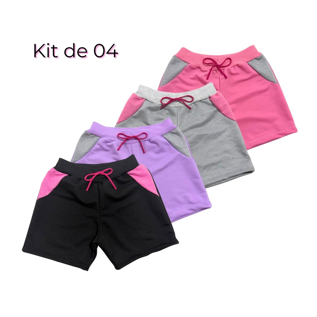Kit 4 Shorts Moletinho Menina Escola Bermuda Infan