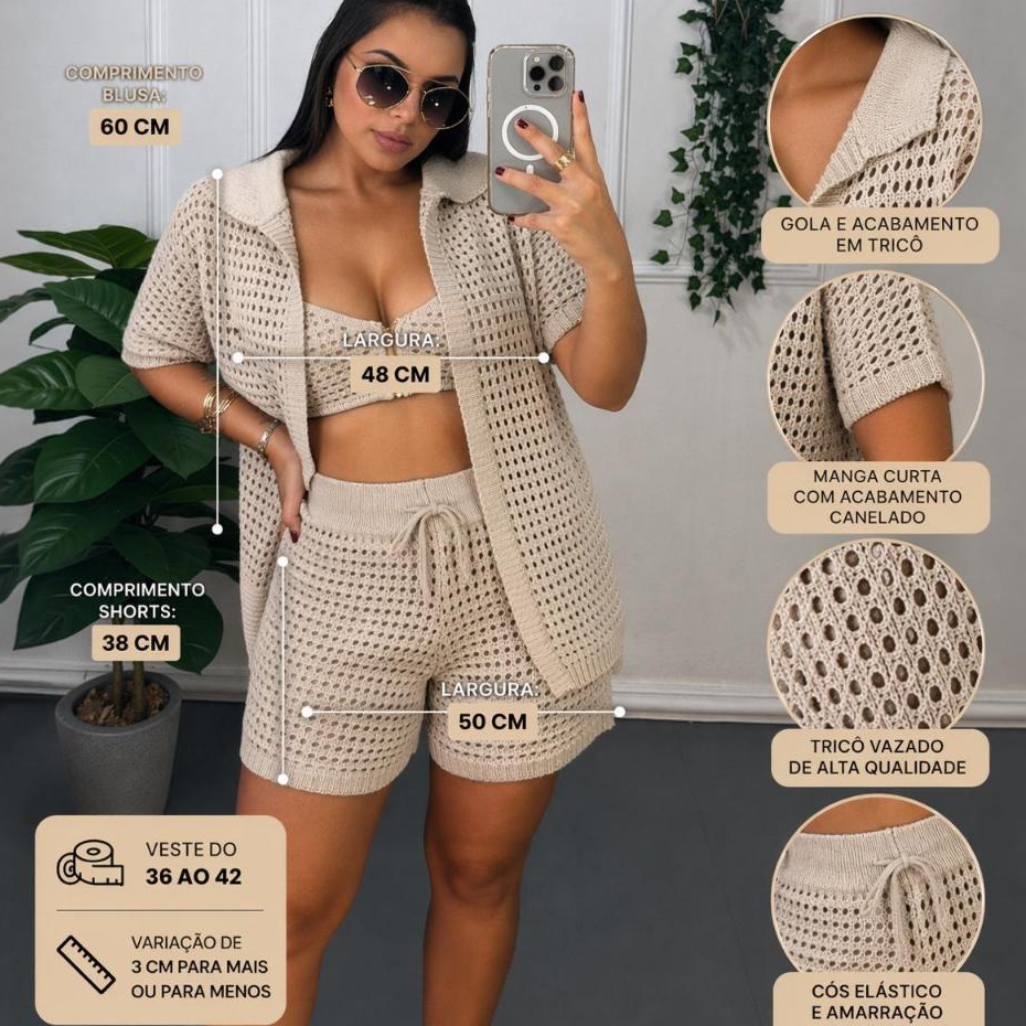 Conjunto Croche Saida de Praia Feminino Shorts e C