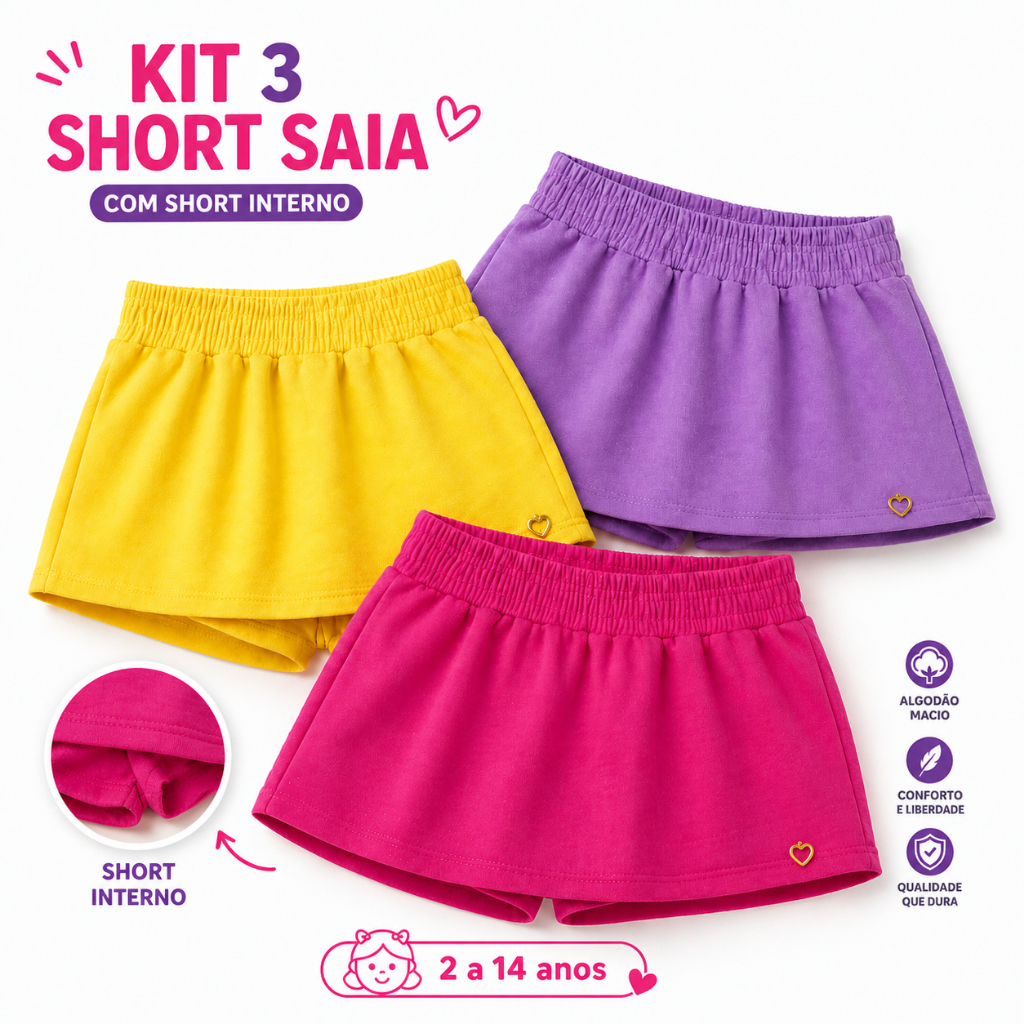 Kit 3 Short Saia Infantil Juvenil Moletinho Premiu