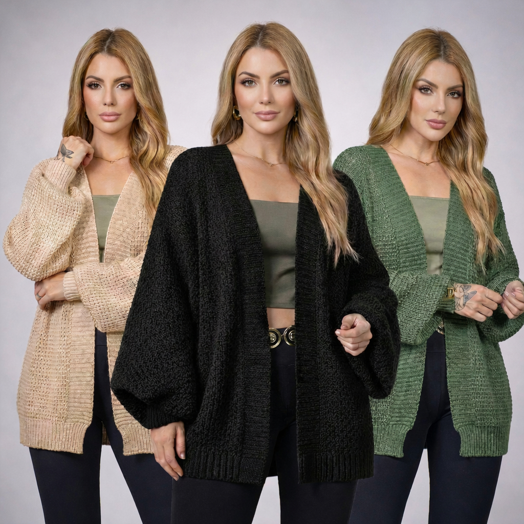 Cardigan Kimono Tricot Manga Bufante Longa Tricot 