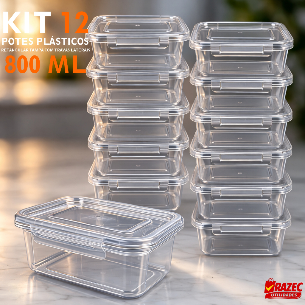 Kit Com 12 potes 800ml Tampa Com Trava Marmita Fit