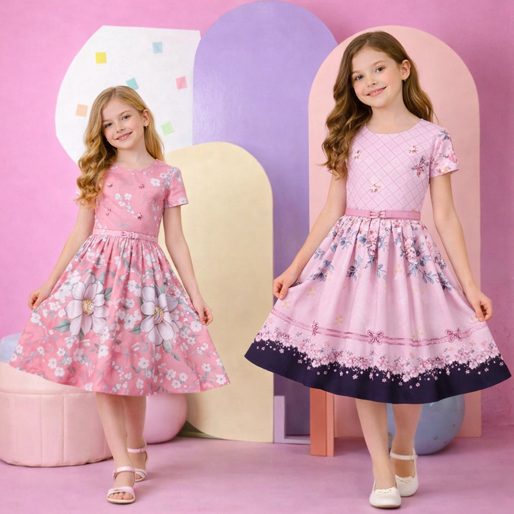 Vestido Infantil Suplex Estampado Floral com Manga