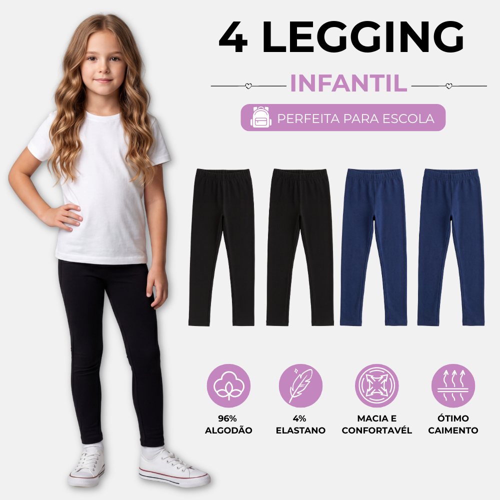 Kit Calça Legging Lisa Algodão Escolar Dia a Dia