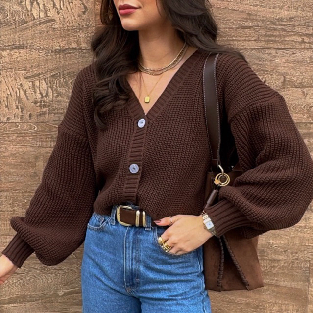 Casaco Tricot Manga Bufante Moda Inverno Cardigan 