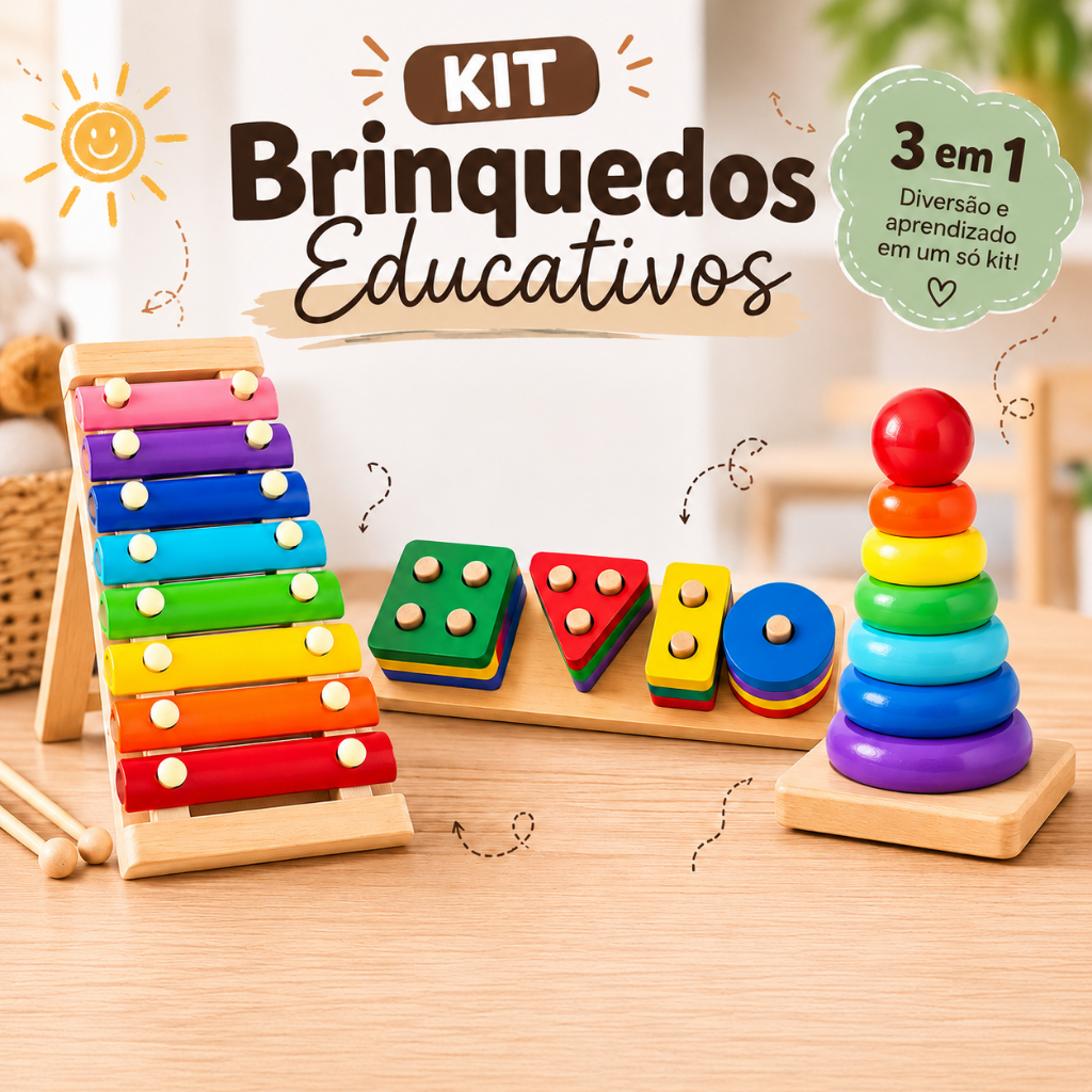 Kit 3 Brinquedos Montessori Pedagogico Educativo d