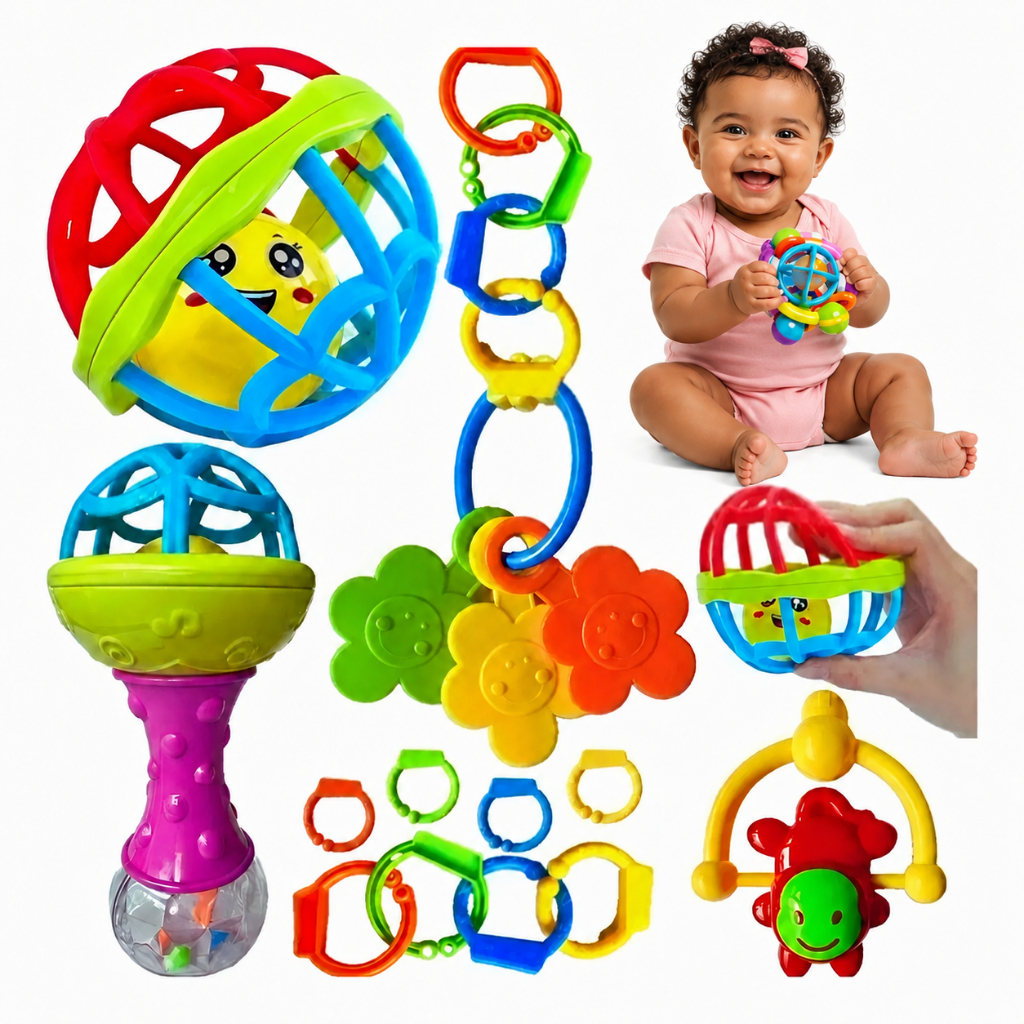 Kit 8 Peças Chocalho Mordedor Bebê Silicone Maci