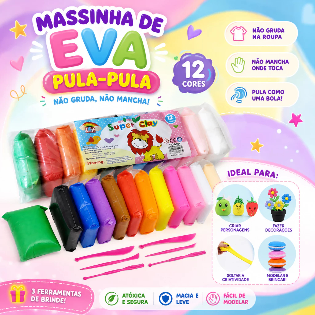 Kit 12 a 36 Massinha Argila EVA Pula Pula Infantil