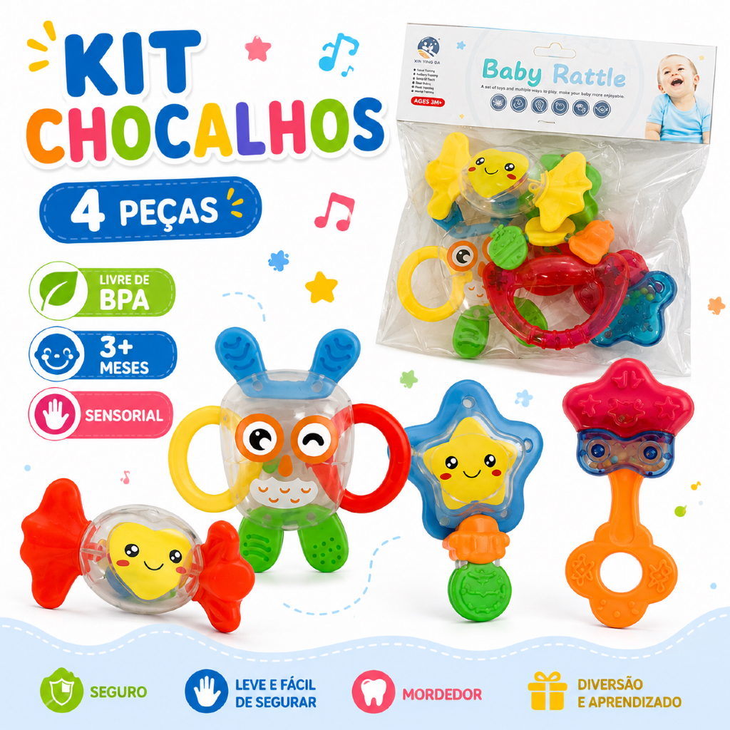 Kit Brinquedos para Bebê 4 Peças Chocalho Infant