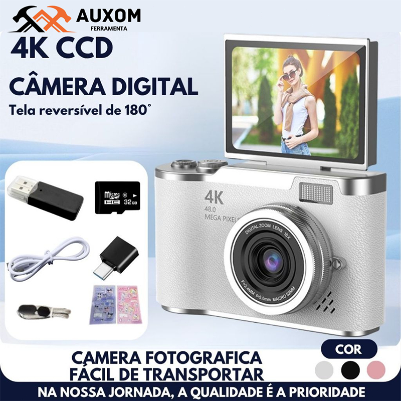 Câmera Digital CCD 48MP com Tela Flip 4K 8X Zoom 
