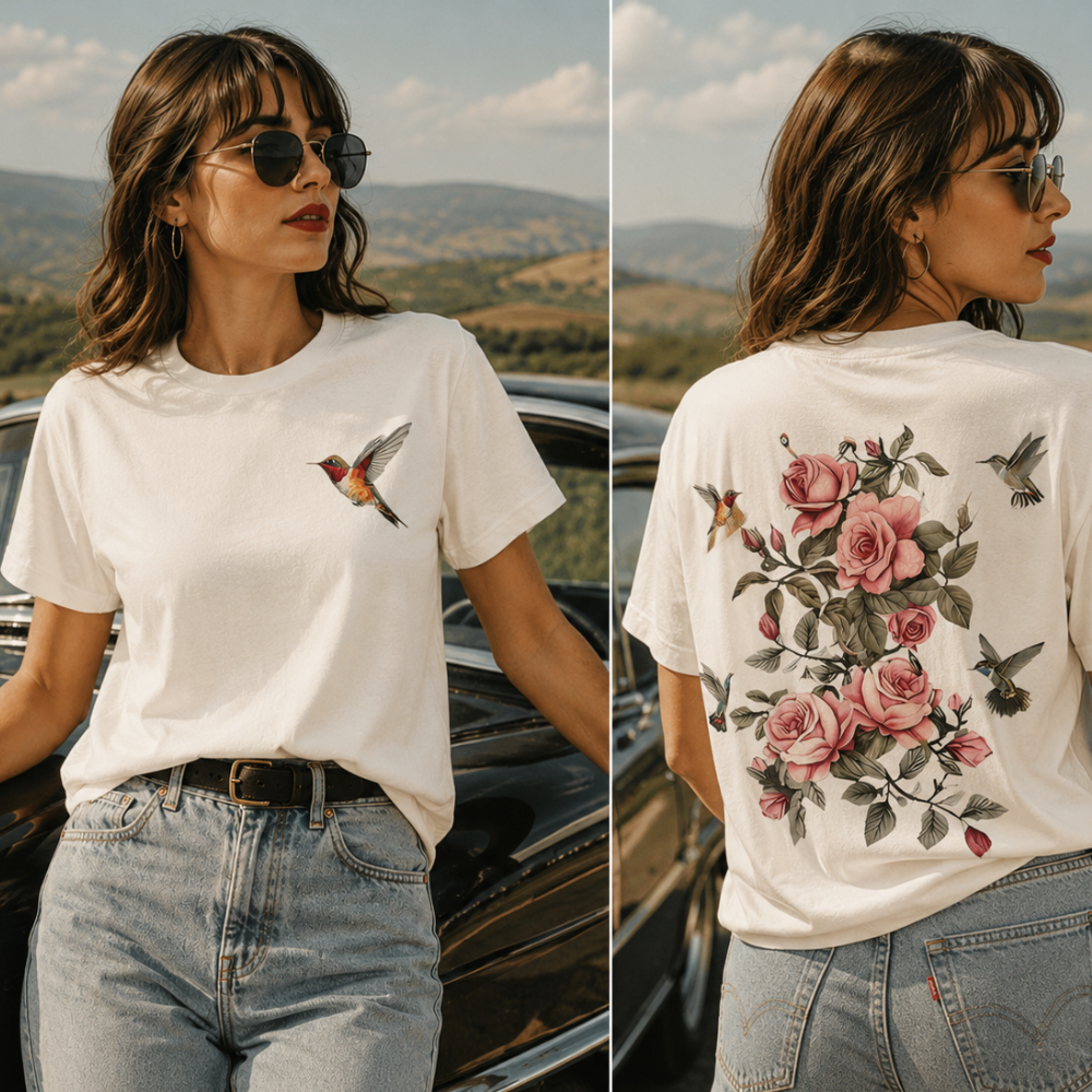 Camiseta Feminina Floral Beija-Flor Manga Curta 10