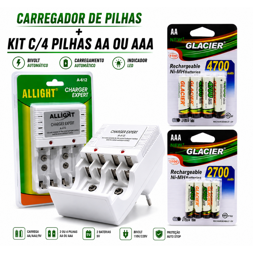 carregador de pilha AA/AAA/Bateria 9v Bivolt