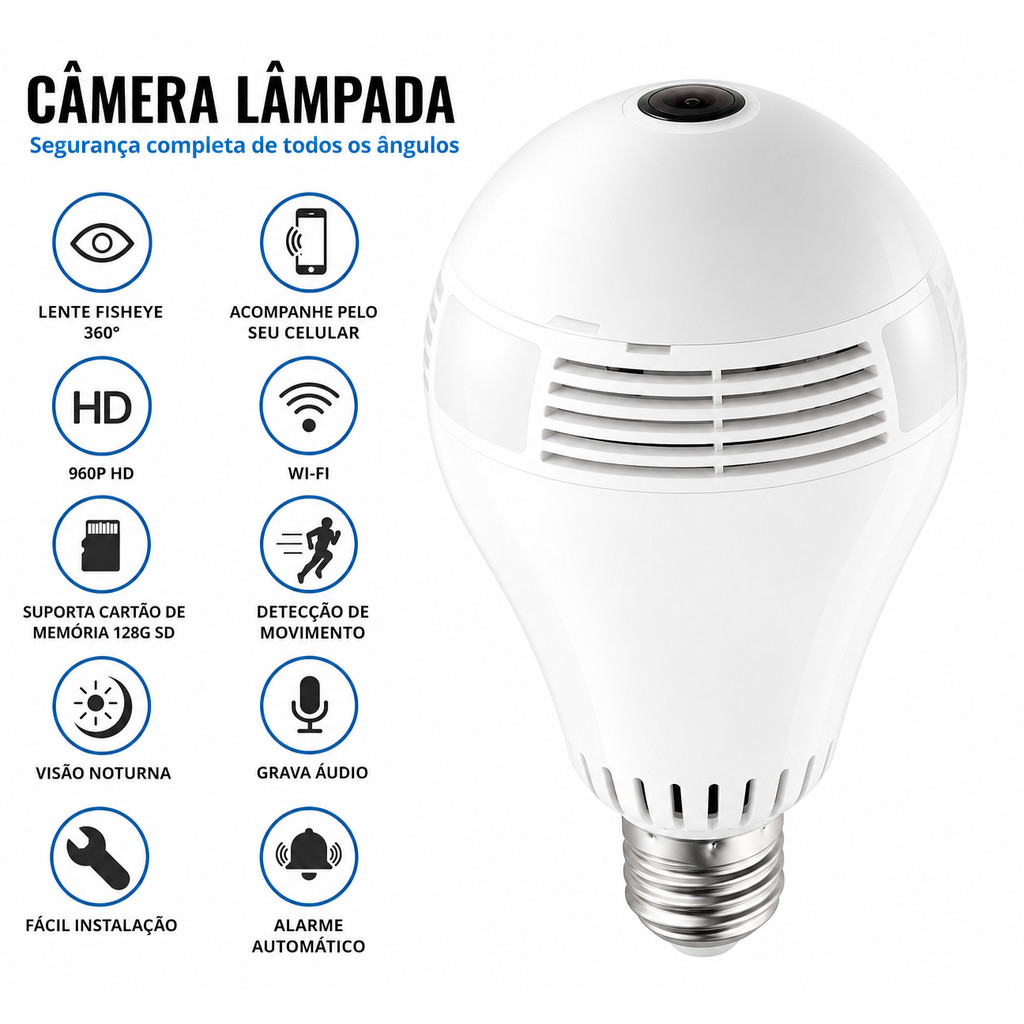 Câmera Lâmpada WiFi HD 360° Visão Noturna Sens
