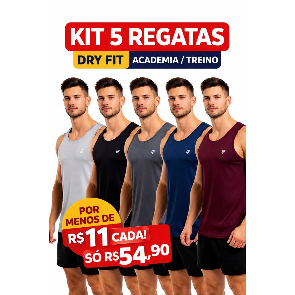 KIT 5 Regatas Masculina Dry Fit Academia Treino Fi
