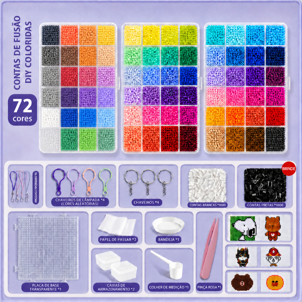 Kit Perler Hama Beads 2,6mm 31200+ Peças 72 Cores