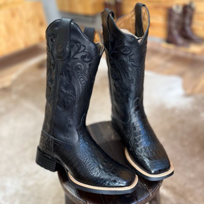 Bota Texana Couro Legítimo Preto Bordado Preto So