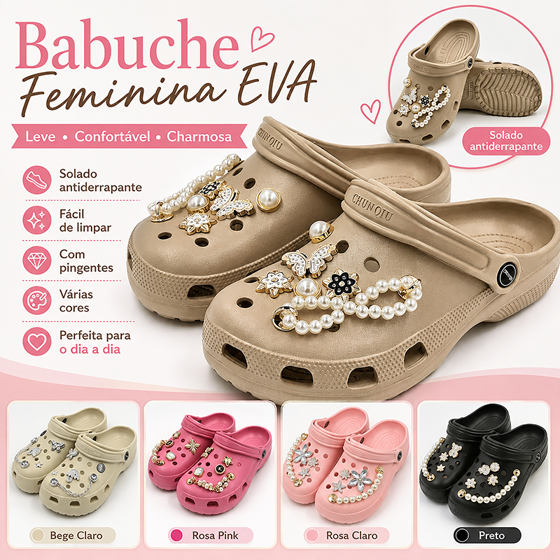 Babuche Feminina EVA com Pingentes e Corrente Leve