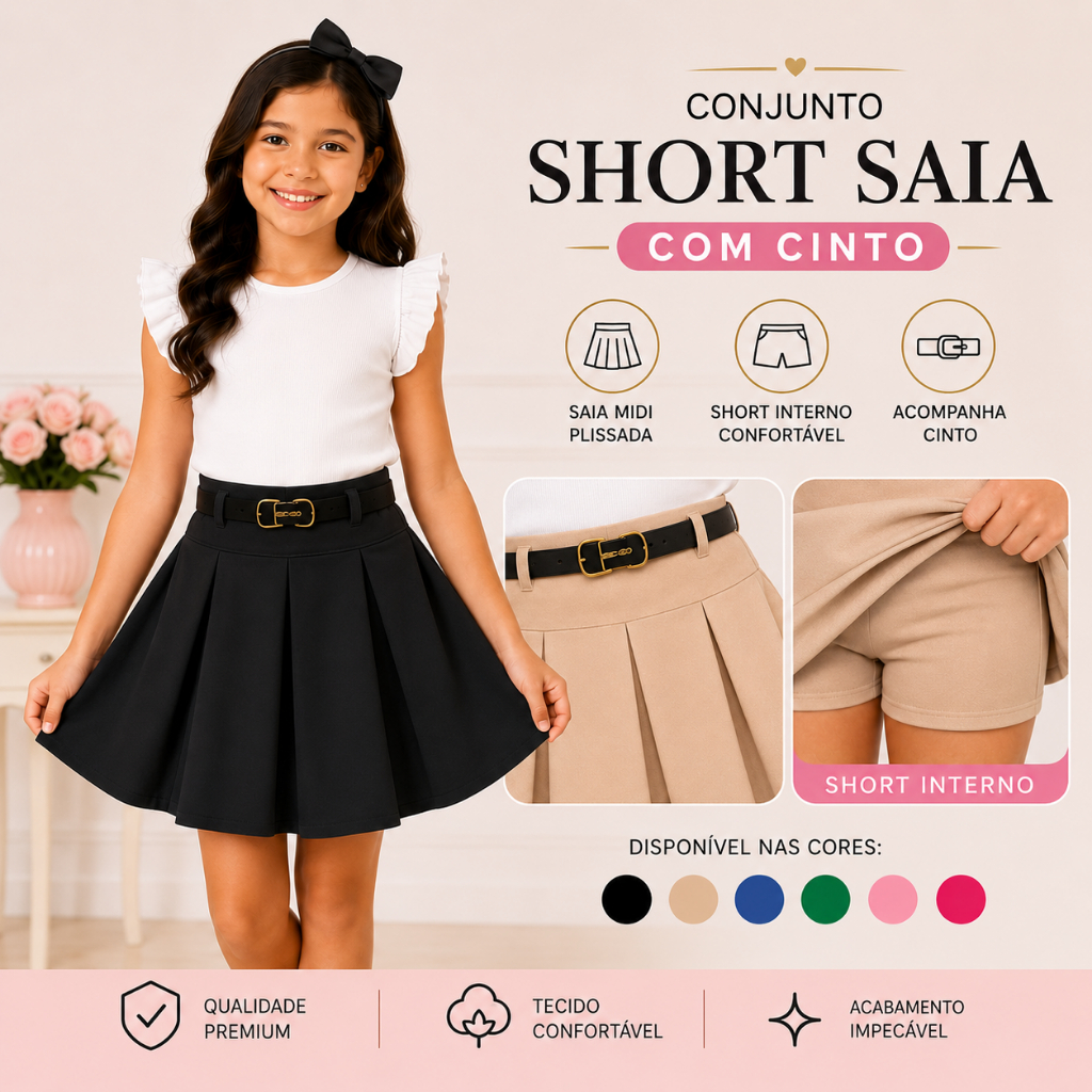 Saia Midi Infantil Com Short Interno E Cinto Menin