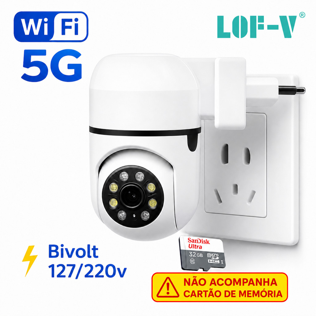 Câmera WiFi 5G LOF V Tomada Yoosee Visão Noturna