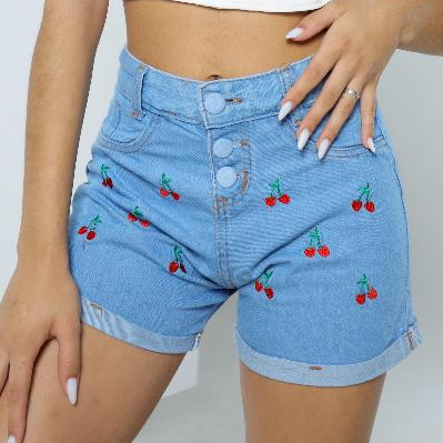 Short Infantil Jeans Menina Juvenil Bordado Cereja