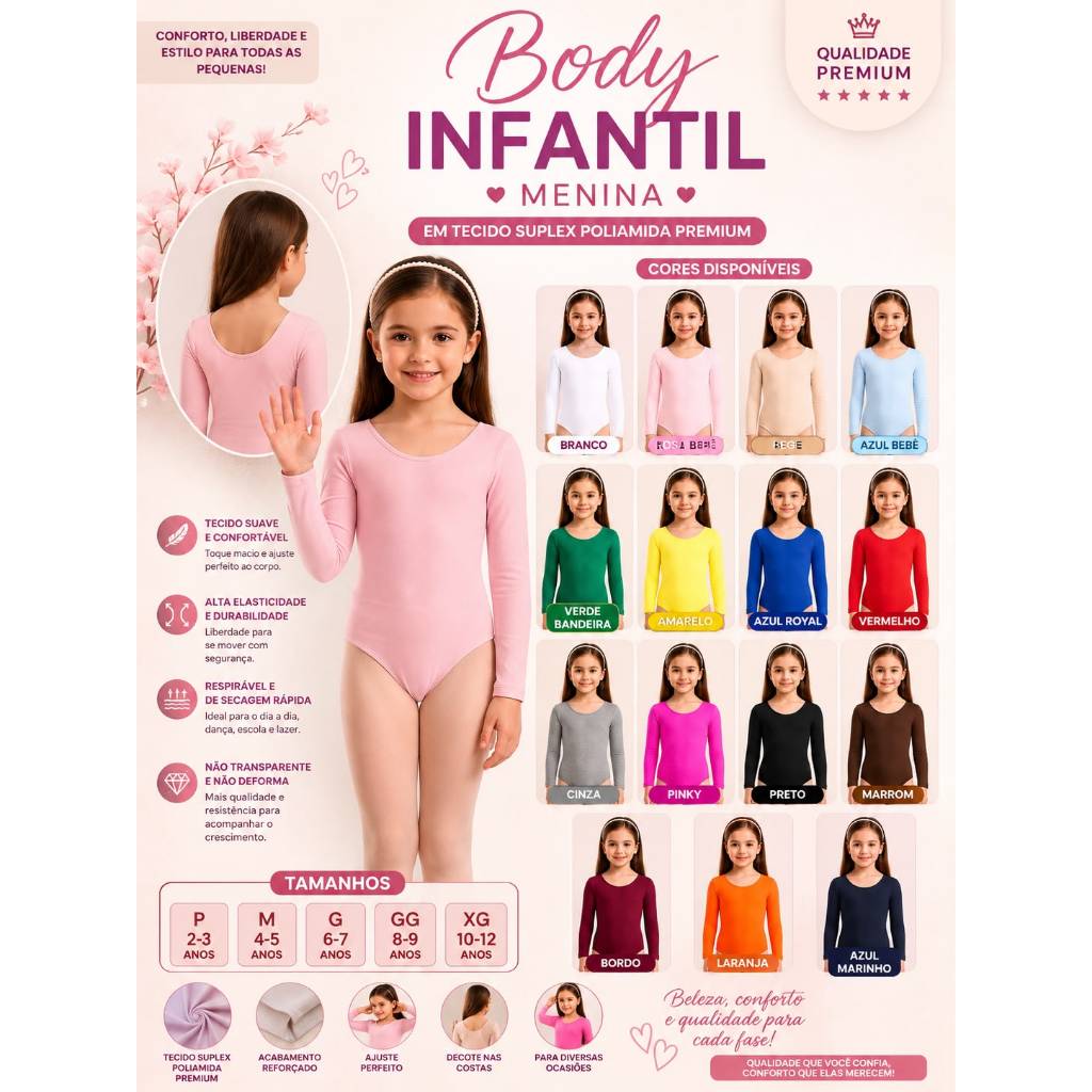 Body Manga Longa Infantil Menina com Gola Redonda 