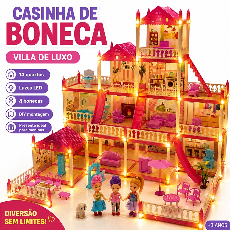 Casinha De Boneca Luxo Villa 14 Quartos Com Luz LE