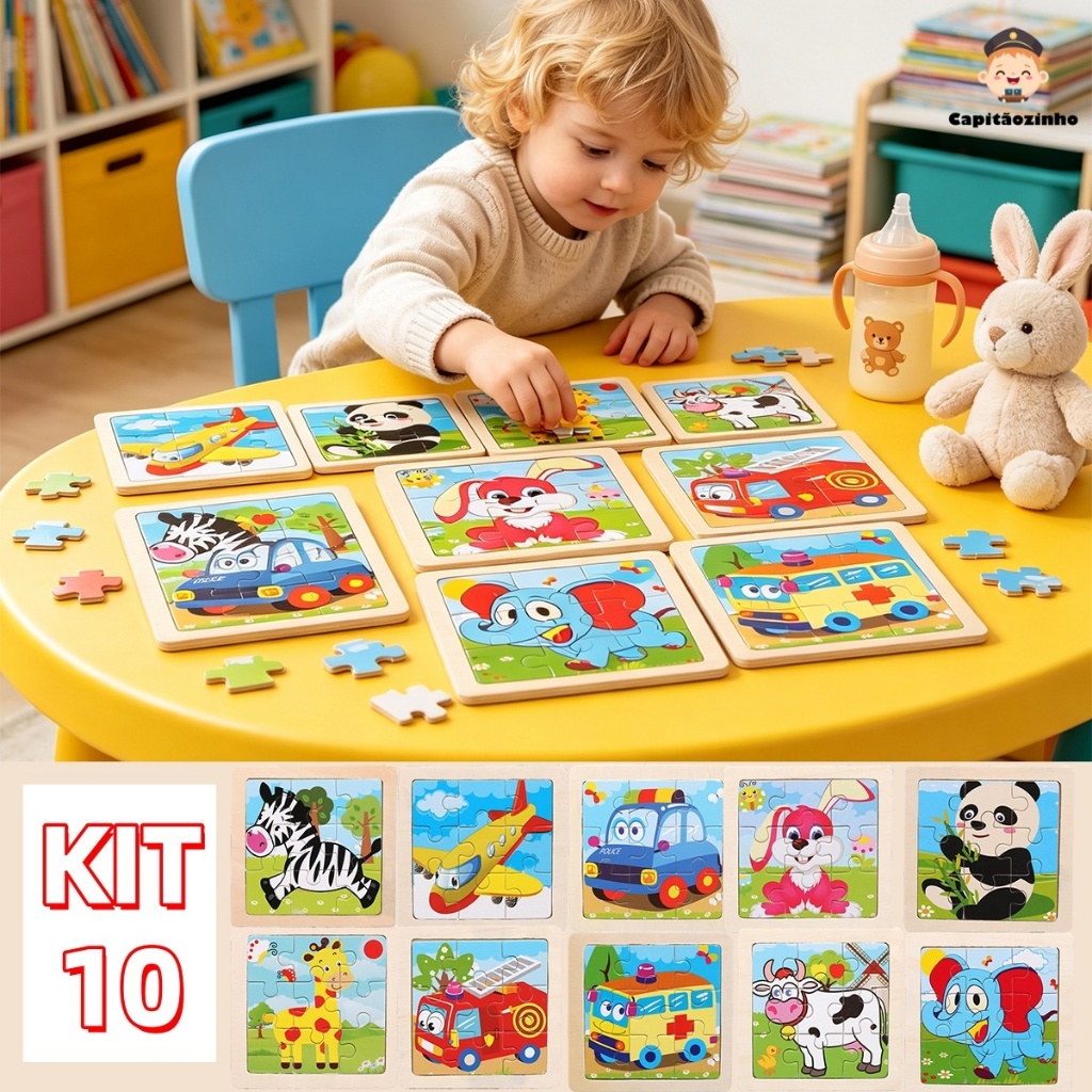 Kit 10 Quebra Cabeça Infantil Mdf 9 Peças c/ Mol