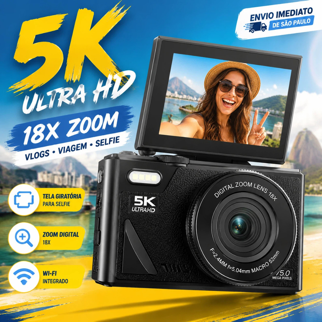Câmera Digital 5K 18X Zoom Wi-Fi Com Tela Girató