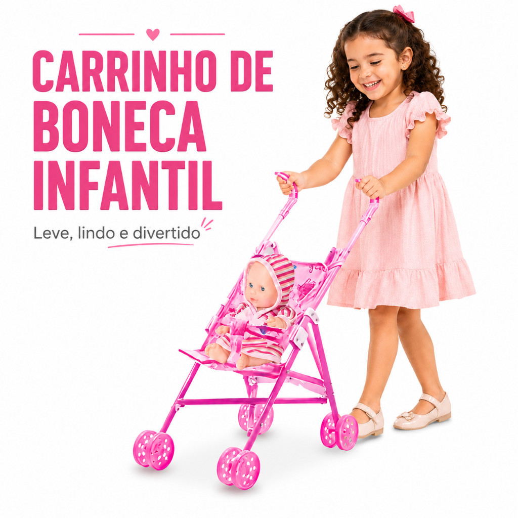 Carrinho de Boneca Infantil Rosa com Bebê Reborn 