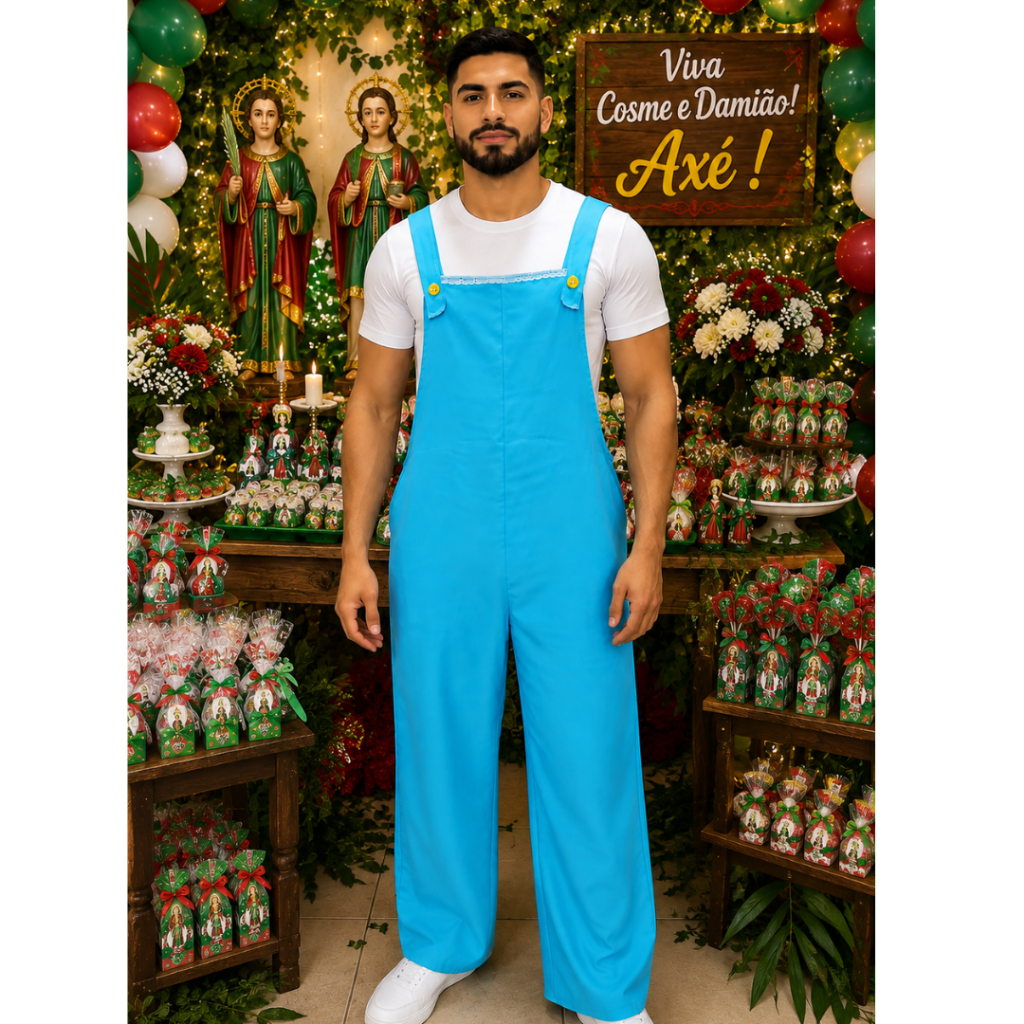 Roupa Macacão de Erê Ibeji Oxford Liso com Renda