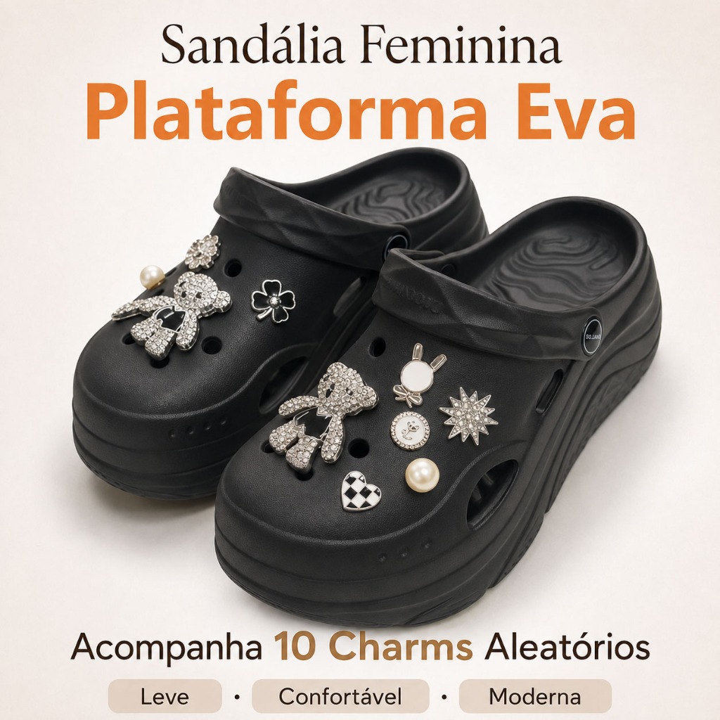 Babuche Feminino de Plataforma em EVA com 10 Charm