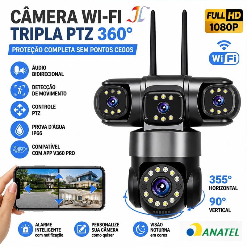 Câmera PTZ Wi-Fi 360° com 3 Lentes e Áudio Bidi